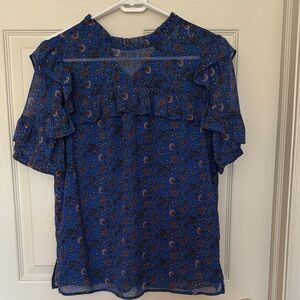 LOFT Blue Paisley Short Ruffle Sleeve Blouse